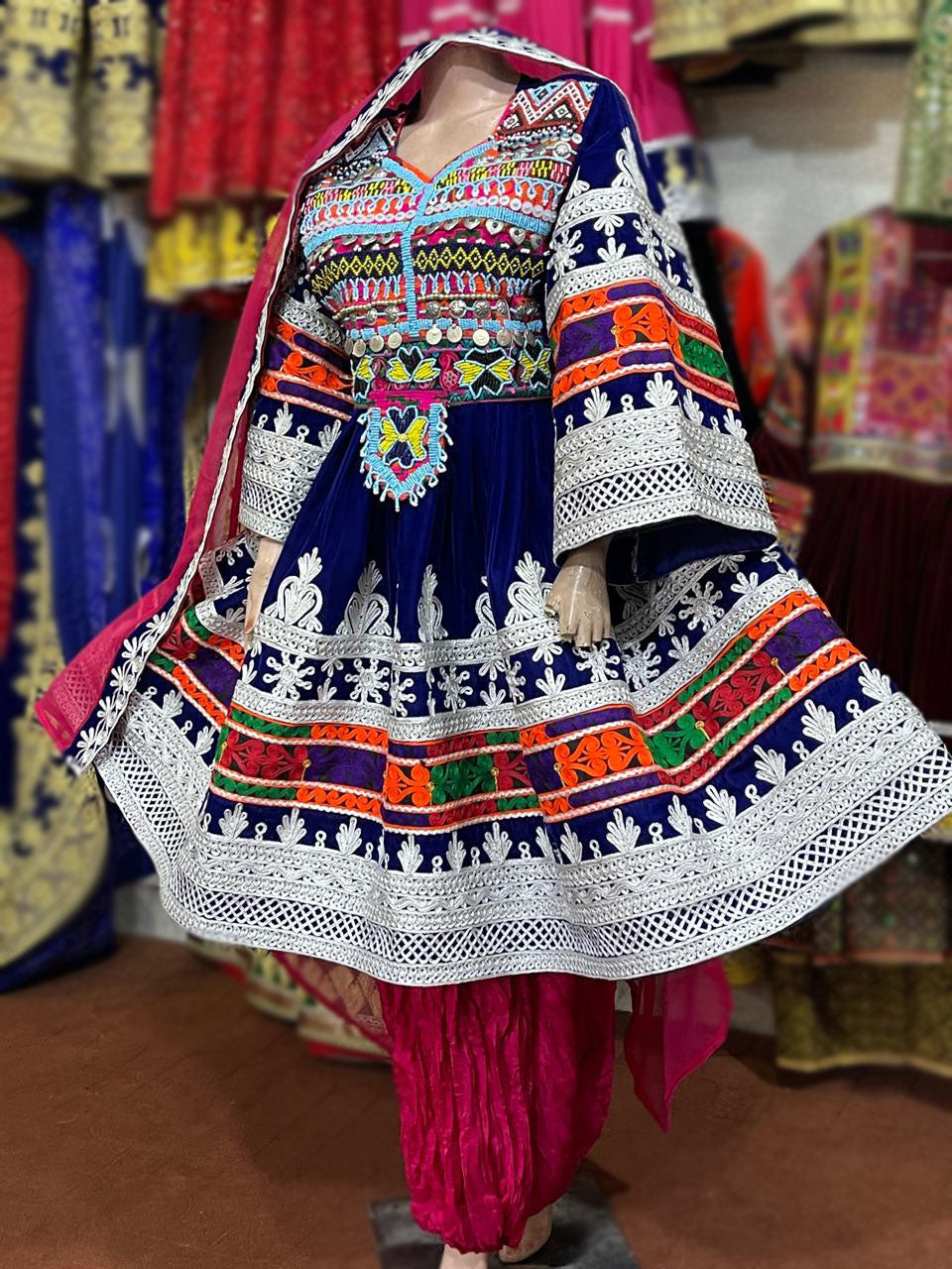 Blue Velvet Frock Afghan Kuchi Coins Dress