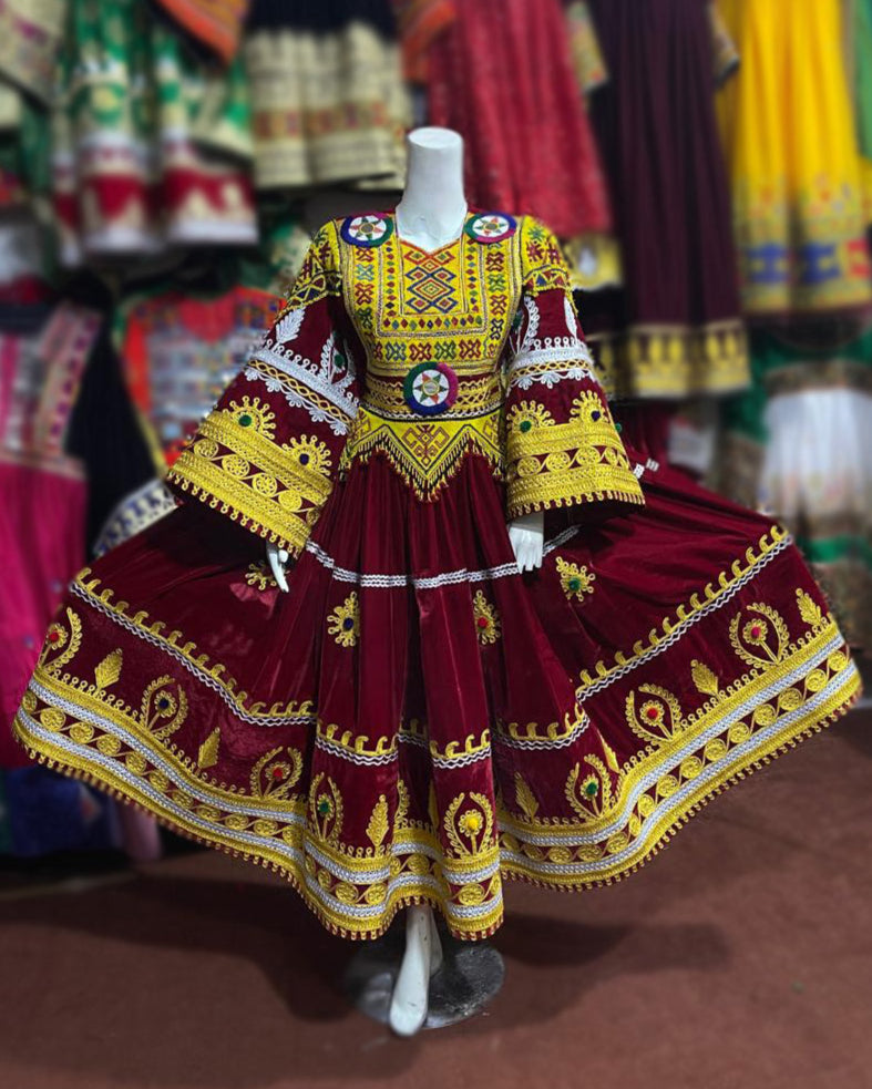 Afghan Kabul Fashion Dress In Maroon Velvet