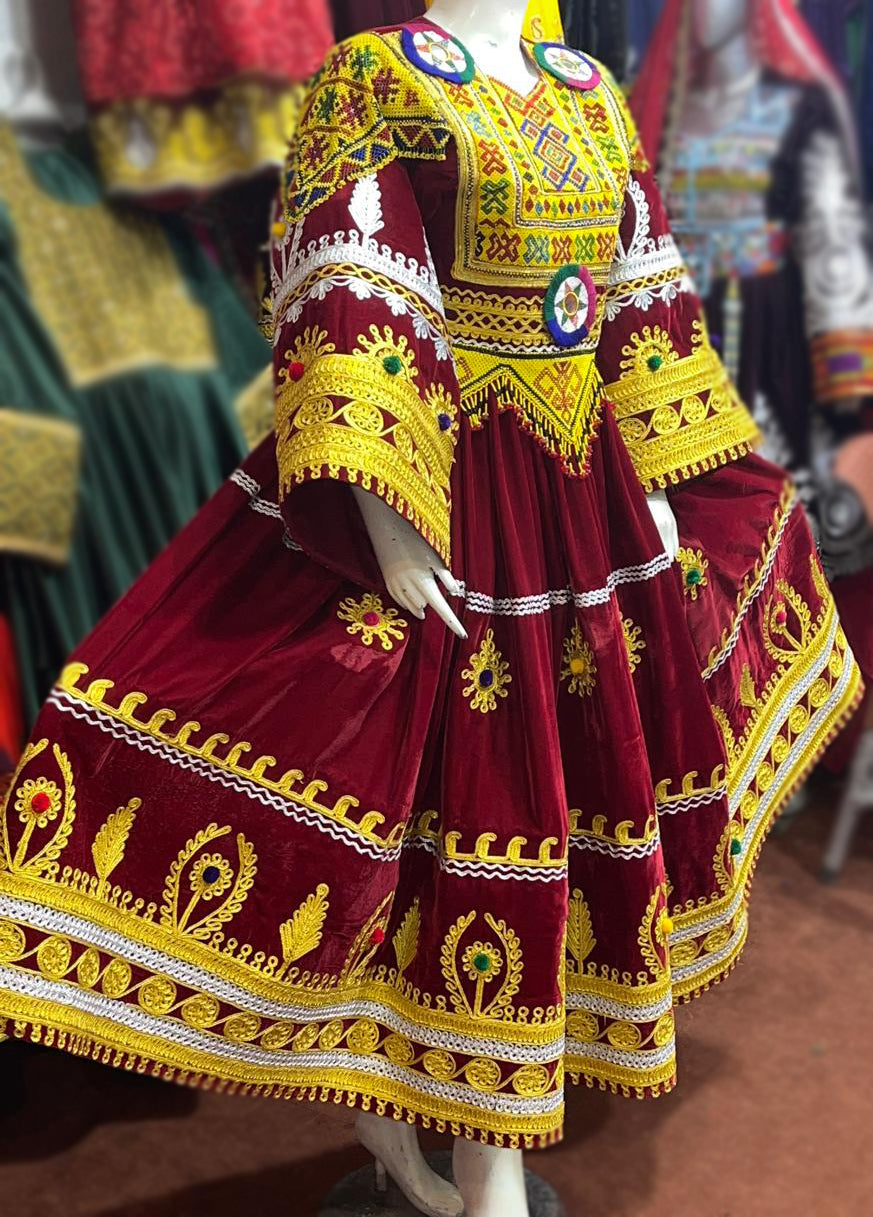 Afghan Kabul Fashion Dress In Maroon Velvet