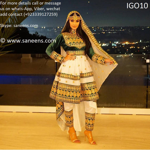 Afghan kuchi style new frock gown type in white and green color