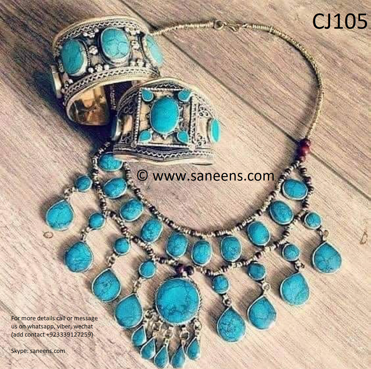 New afghan turkmen turquoise stone necklace and cuff