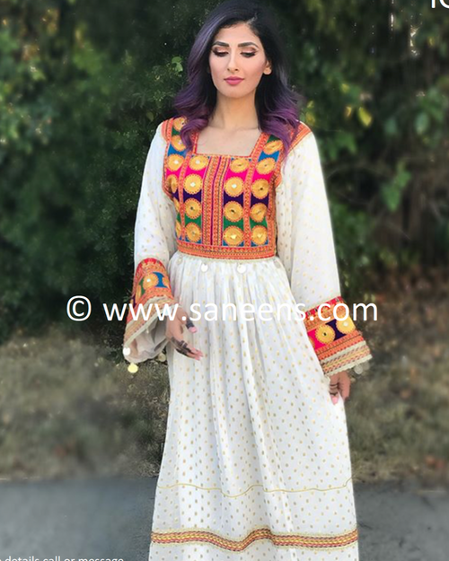 Afghan bridals kuchi saneens white embroidery clothes