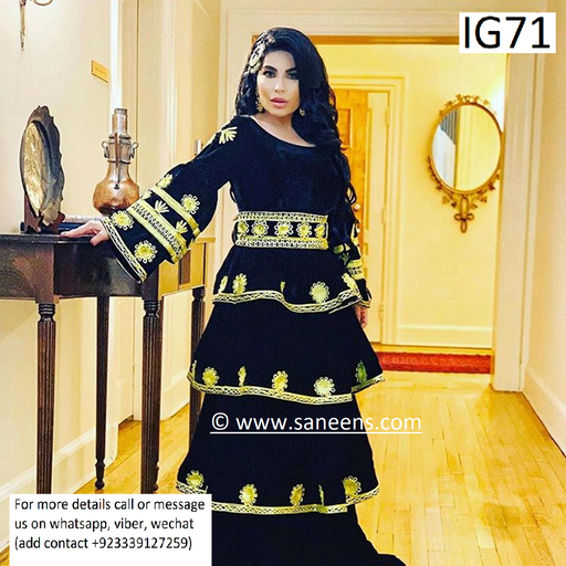 Traditional Aryana Saeed black dress in golden embroidery