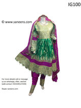 Traditional afghan cultural mirror work weddings dress on green color