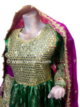 Traditional afghan cultural mirror work weddings dress on green color