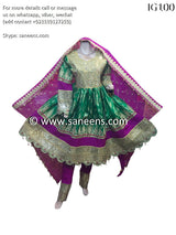 Traditional afghan cultural mirror work weddings dress on green color