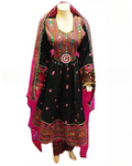 An Afghan bridal dress featuring black fabric with intricate embroidery and mirrors, complemented by a pink dupatta.
