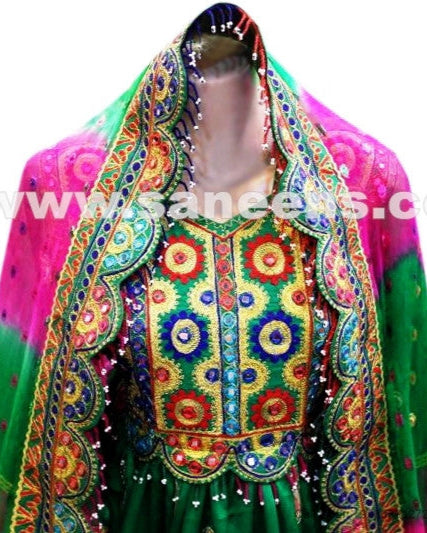 afghan fashion long dress in green color