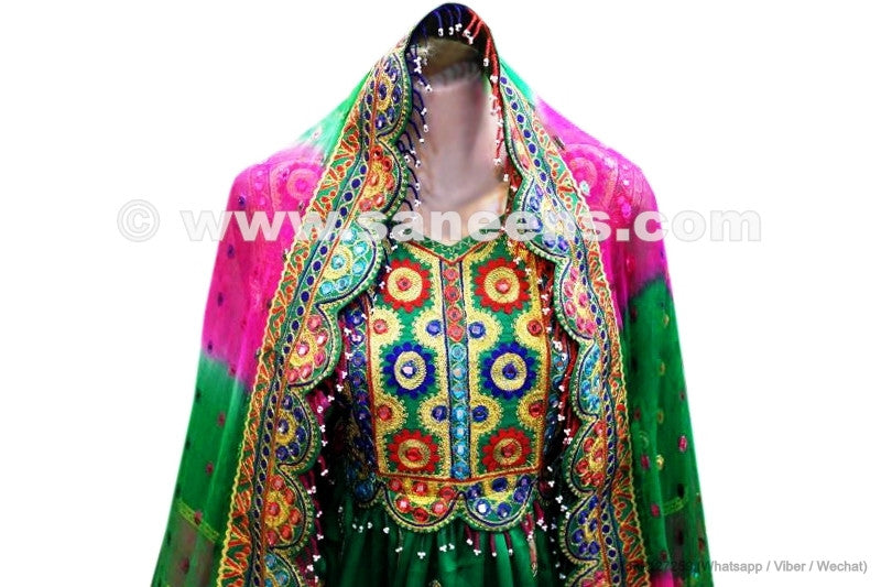 afghan fashion long dress in green color