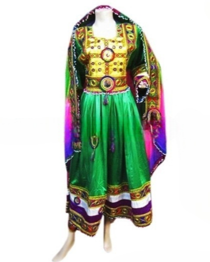 afghan dress in green color with yakhan work embroidery