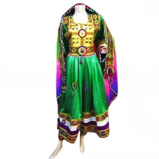 afghan dress in green color with yakhan work embroidery