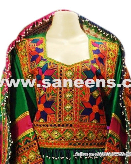 afghan fashion long dress in green color