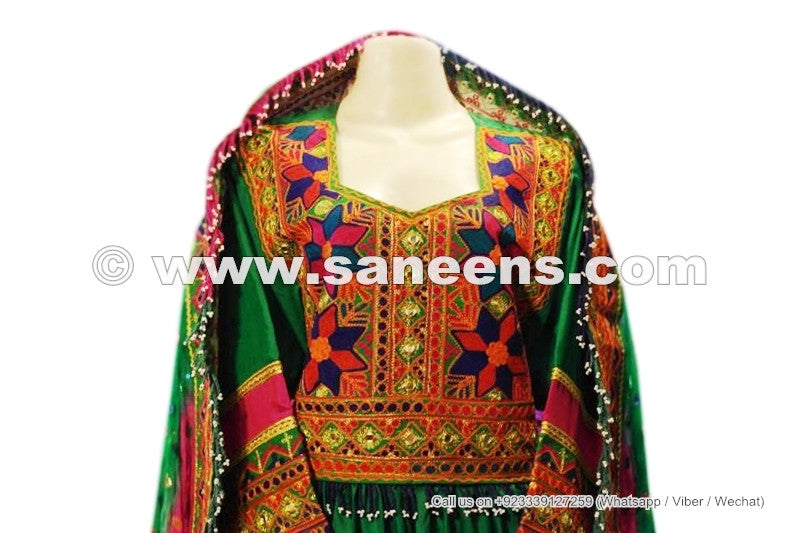 afghan fashion long dress in green color