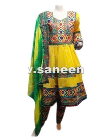 afghan muslim ladies yellow color wedding dress frock