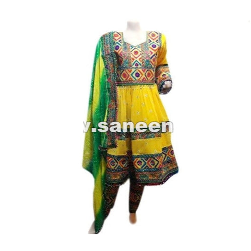 afghan muslim ladies yellow color wedding dress frock