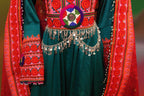 teal color afghan dress with chains medallions