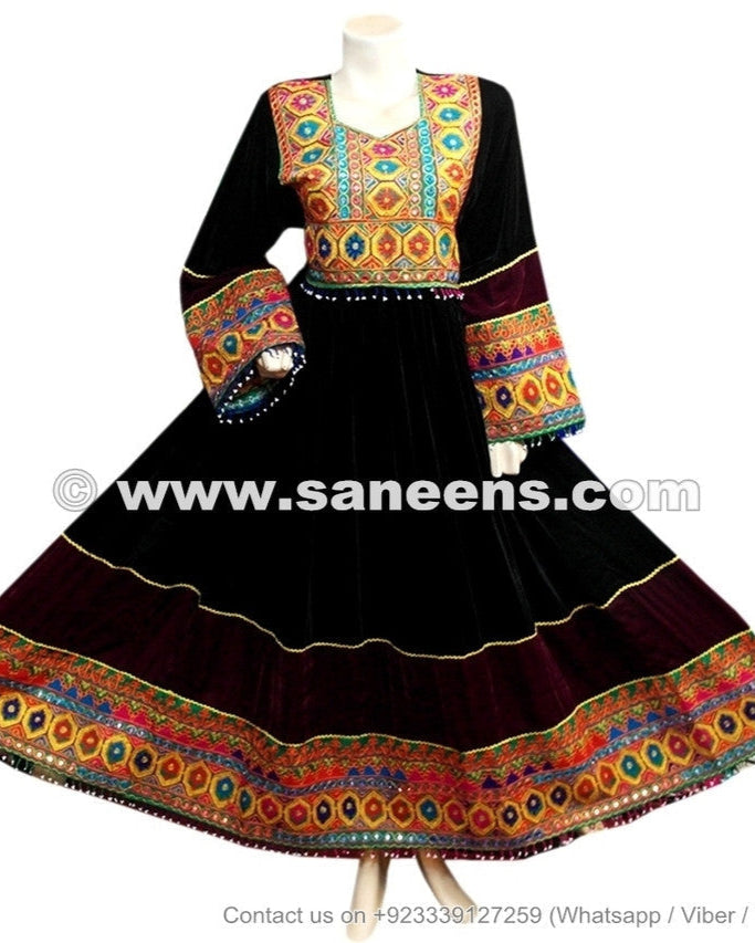 Hand Embroidered Afghan Bridal Dress In Velvet Fabric