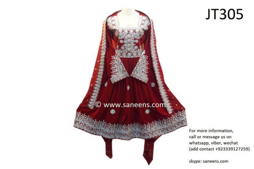 Muslimah Fashion Afghan Clothing In Red Velvet With Fine Needlework