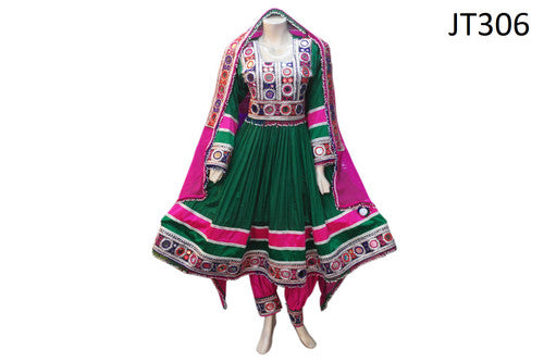 Afghan Clothing In Green Color With Handmade Zari Yakhan Dozi