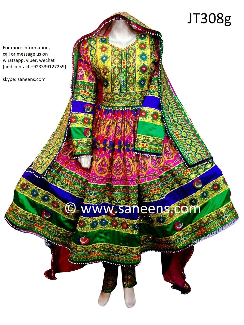 Hijab Fashion Afghan Gown In Green Pink Color With Choli Cloth