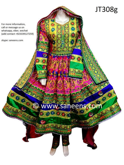 Hijab Fashion Afghan Gown In Green Pink Color With Choli Cloth