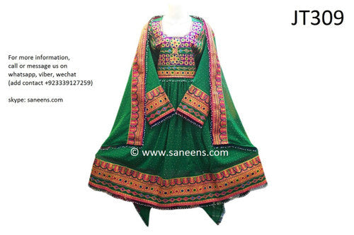 Pathani Dress In Green Color Afghan Embroidery Work Frock