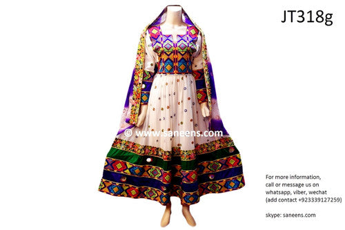 Afghan Traditional Dress In White Color With Finest Flower Embroidery