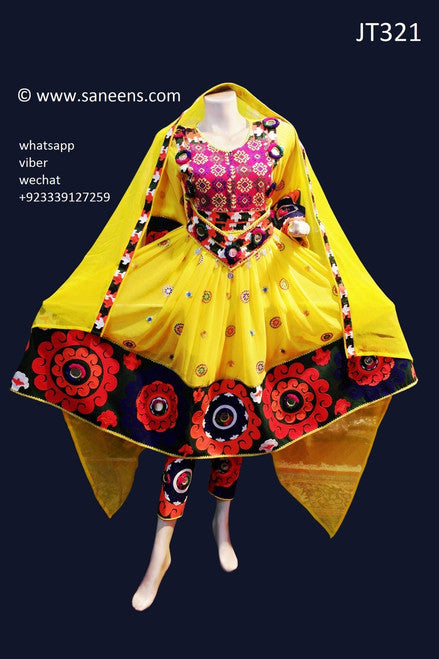 Afghani Dress In Yellow Color With Floral Embroidery Needlework