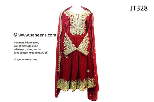 Buy Afghan Fashion Red Velvet Dress With Finest Floral Embroidery Work