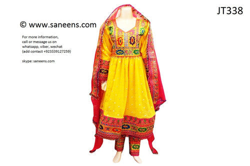 Traditional Afghan Clothes In Yellow Color Persian Aroosi Dress Online