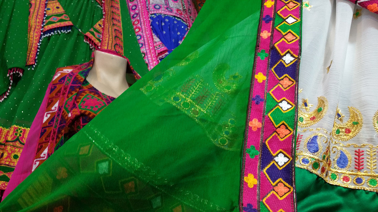 white and green color afghani dress