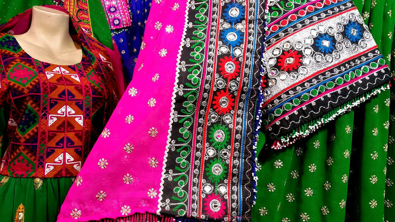 pakhtoon girls dress in green and pink color