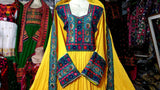 Afghani Frock In Yellow Color With Beads And Mirros Work