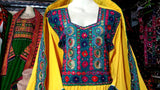 Afghani Frock In Yellow Color With Beads And Mirros Work