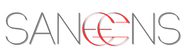 Logo with the text 'SANEENS' featuring a red circular design on a white background