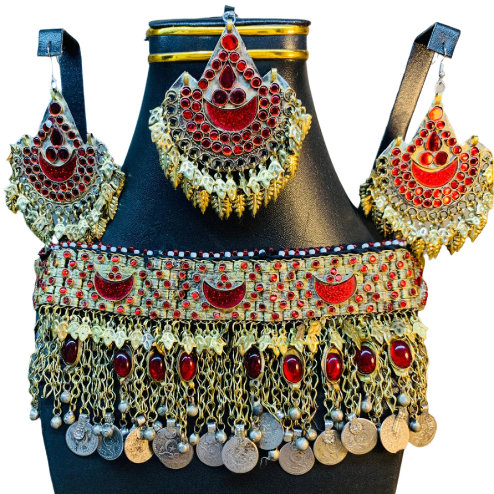 Afghan jewelry, red pendant necklace, traditional Afghan set, 