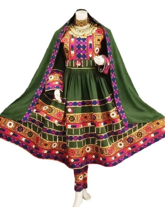 afghan fashion long dress in green color