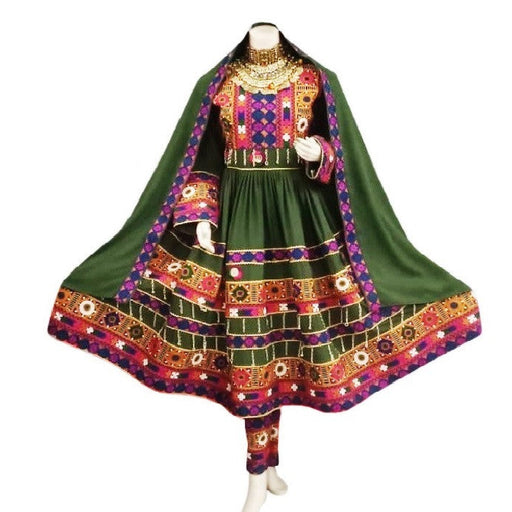 afghan fashion long dress in green color