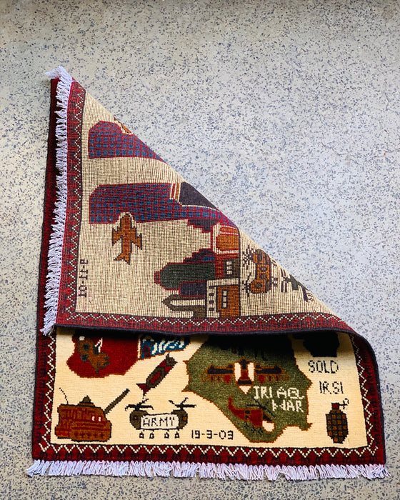 Handwoven 9/11 War Scene Rug 2.6x2 ft