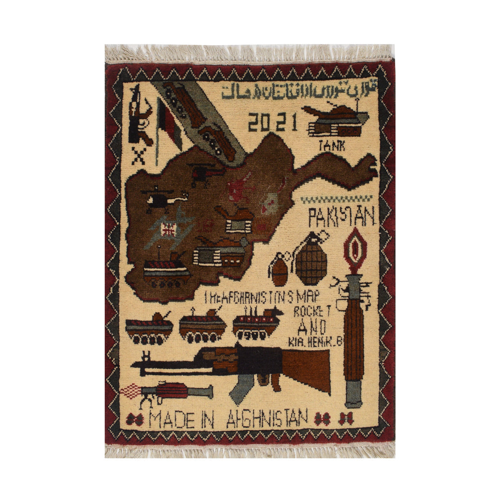Afghanistan Map Rug Weapon Motif 2.5x2 ft