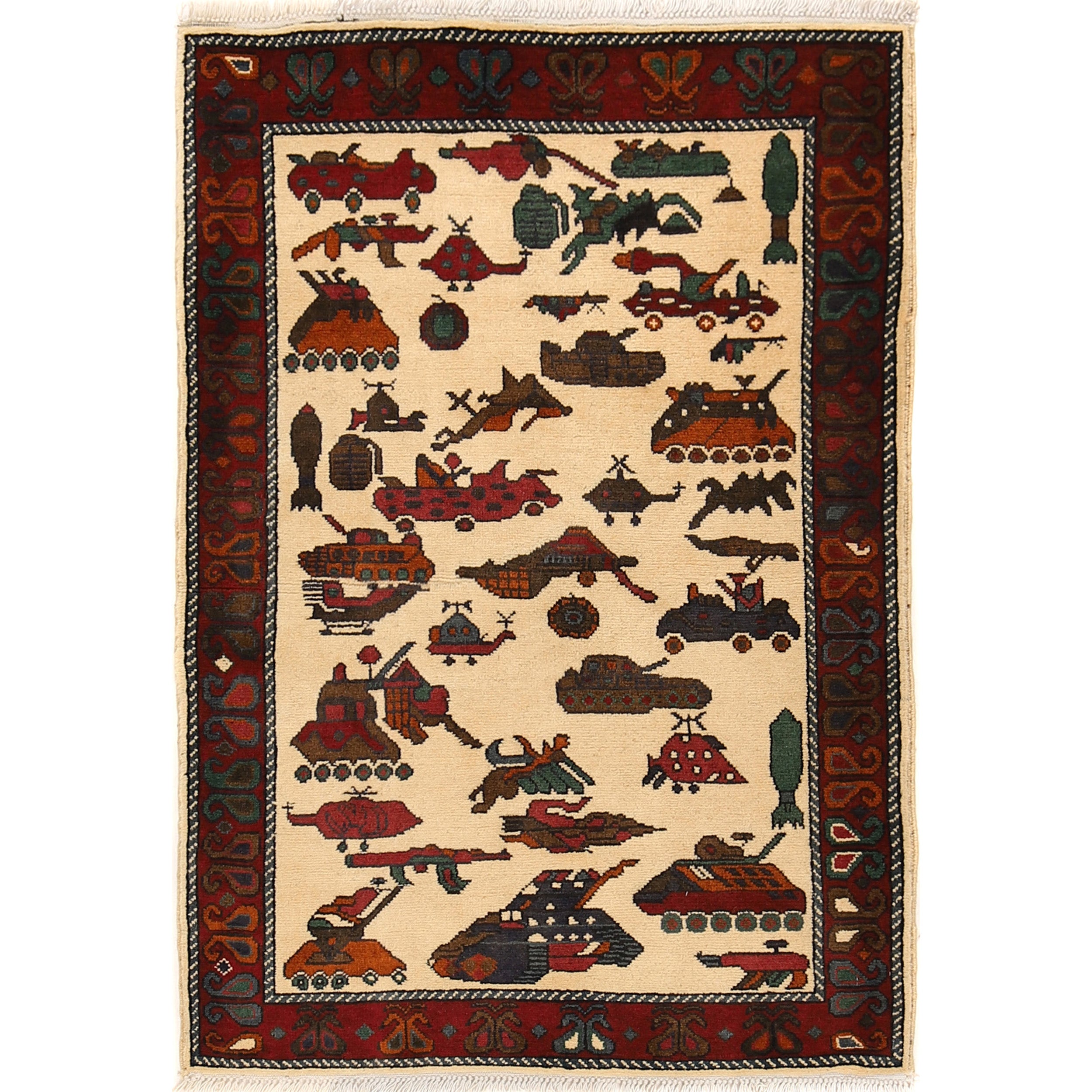 Authentic Afghan Weapons Art War Rug 4x2.5 ft