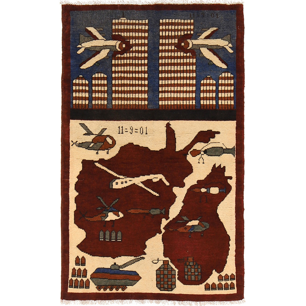 Afghan 9/11 Storytelling War Rug 4.2x2.6 ft