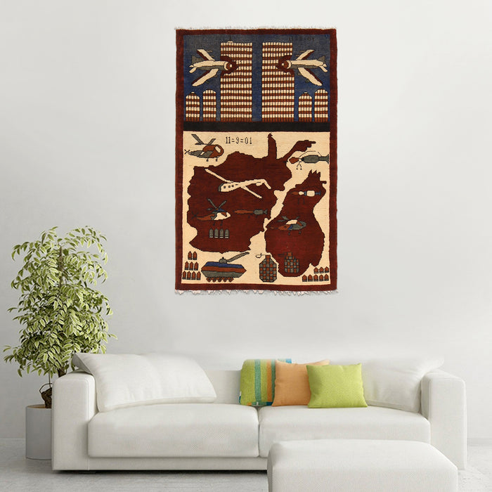 Afghan 9/11 Storytelling War Rug 4.2x2.6 ft