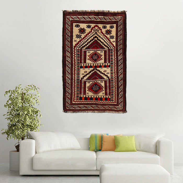 Prayer Rug Afghan Weaving Style 3.7x2.3 ft