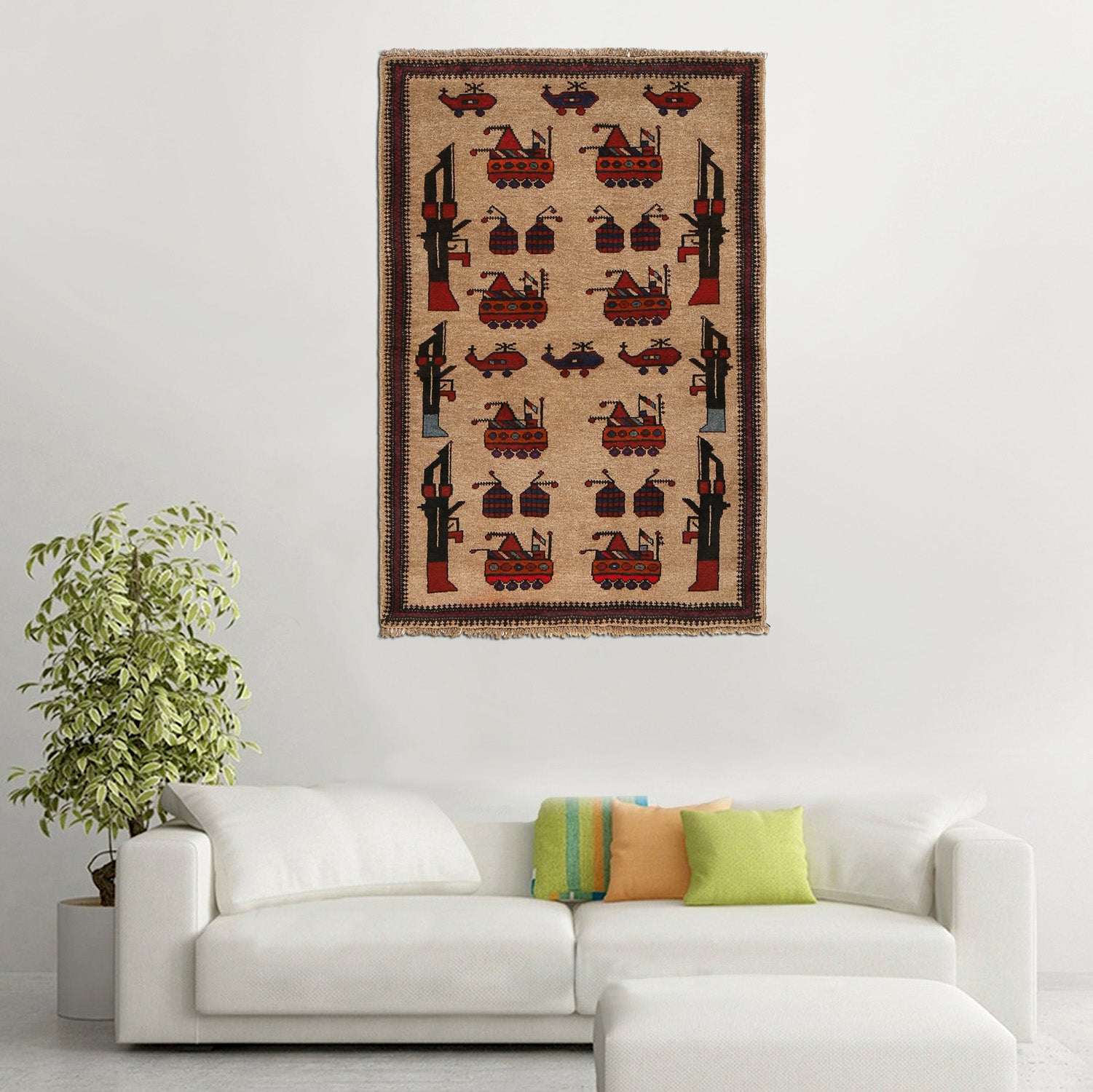 Afghan Storytelling War Weapons Rug 4.4x2.9 ft