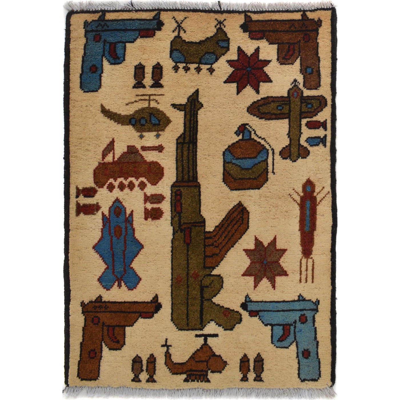 Vintage AK-47 Afghan Storytelling Rug 2.8x1.9 ft