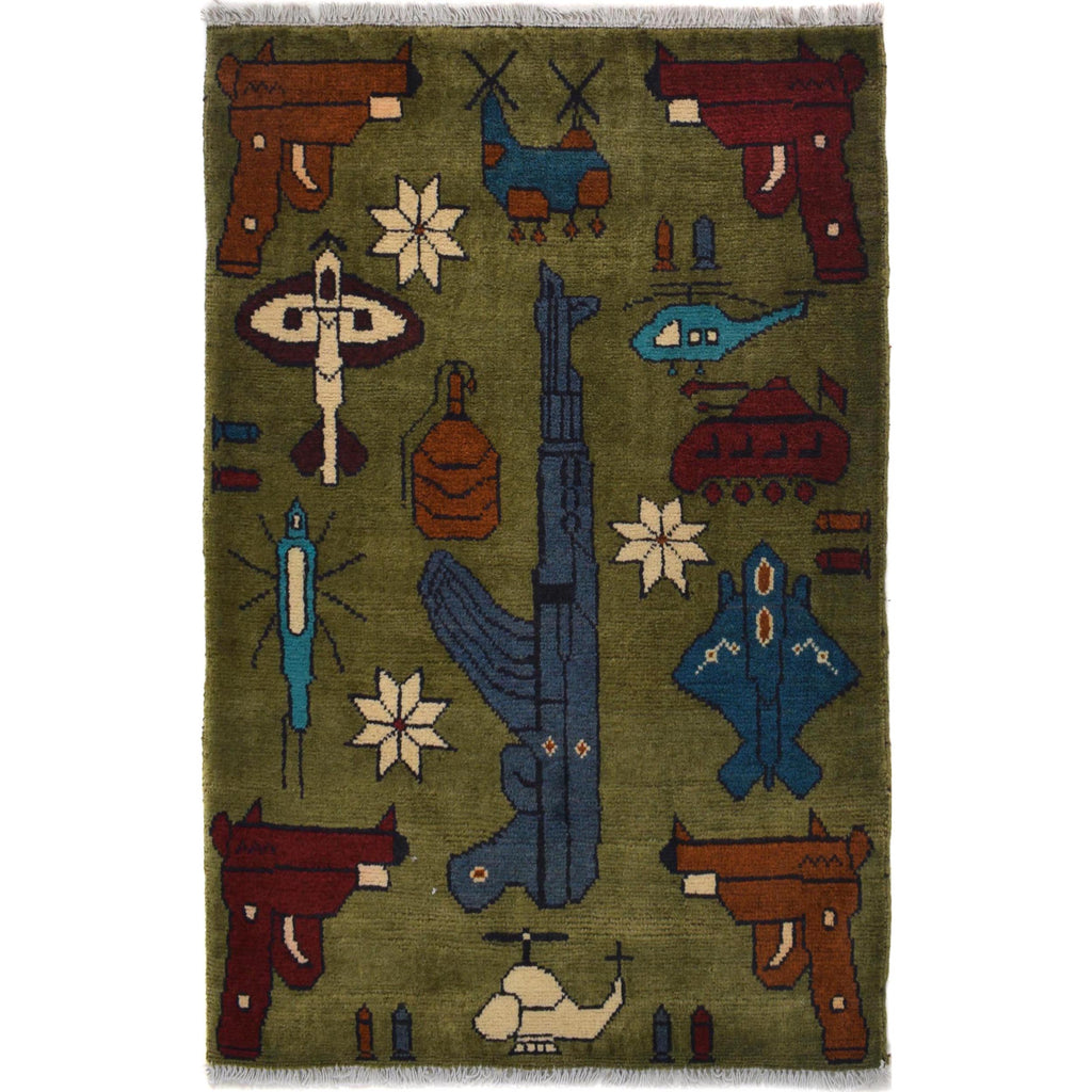 Traditional Afghan AK-47 Battle Scene Rug 2.9x2 ft