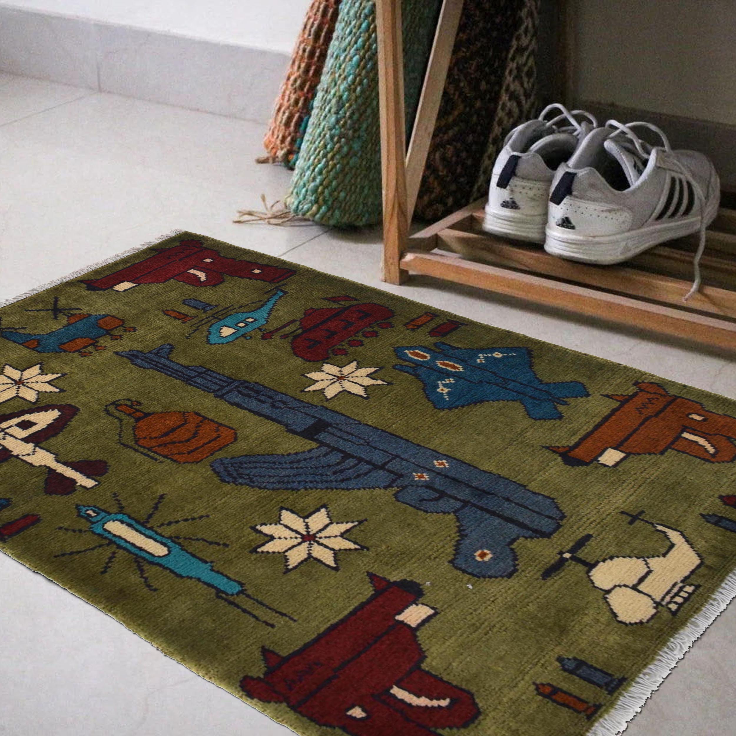 Traditional Afghan AK-47 Battle Scene Rug 2.9x2 ft