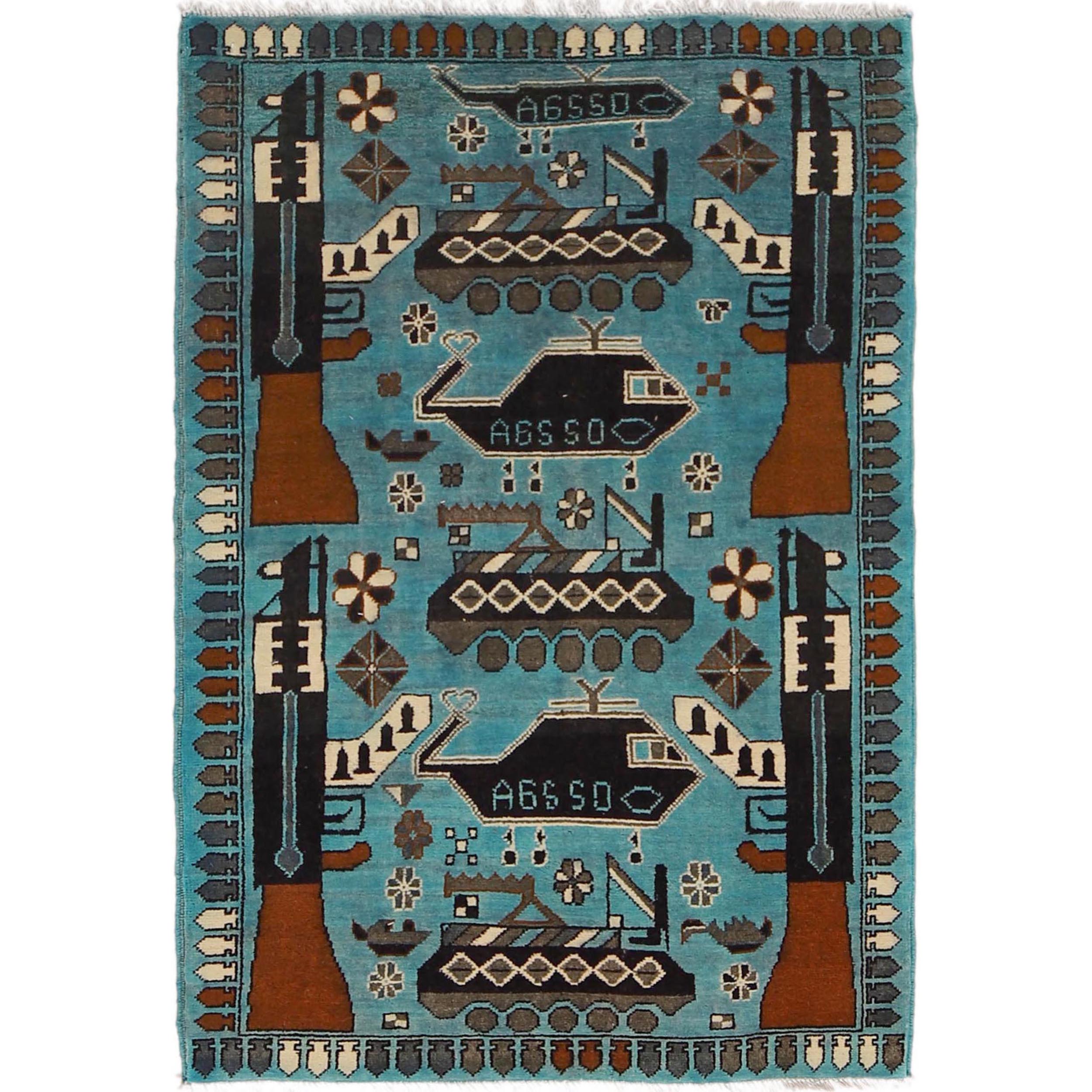 Traditional Afghan War Weapons Carpet 4.2x2.8 ft