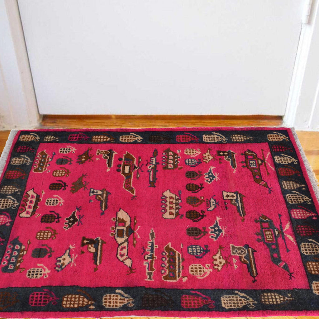 Handwoven Storytelling Weapons Carpet Afghan 3x2.1 ft